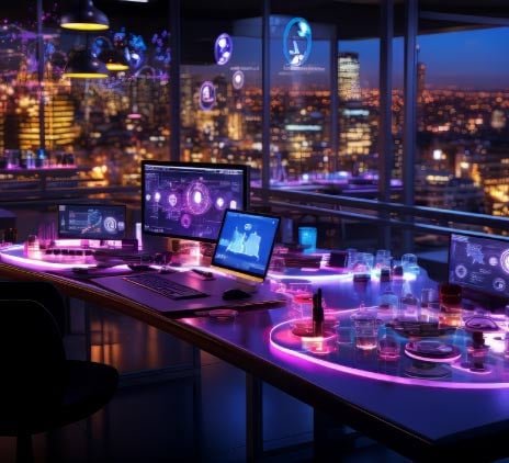 Sala super tecnologia com computadores 