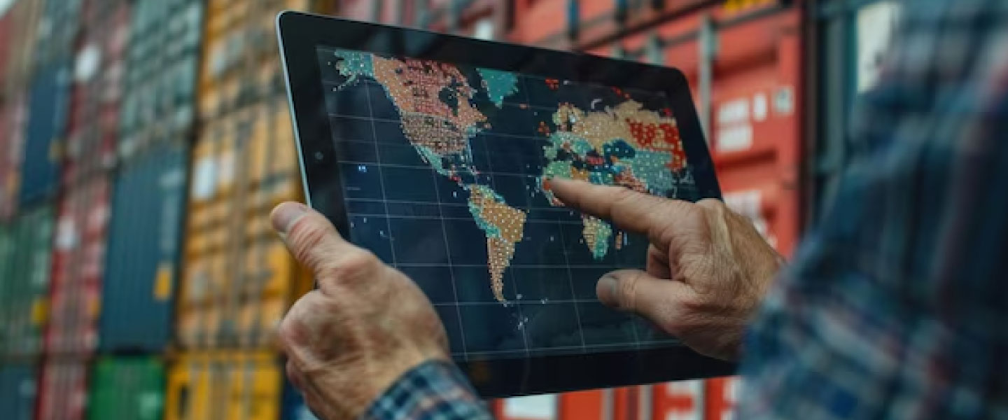Um homem está segurando um tablet com um mapa do mundo nele