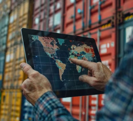 Um homem está segurando um tablet com um mapa do mundo nele