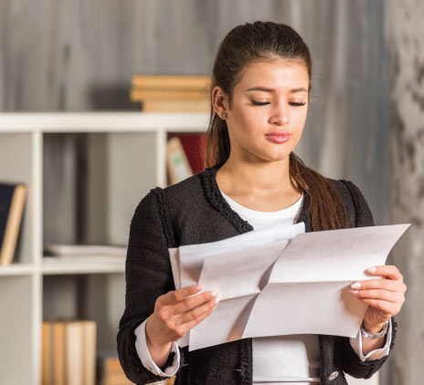 Morena, executiva, leitura, em, dela, escritório