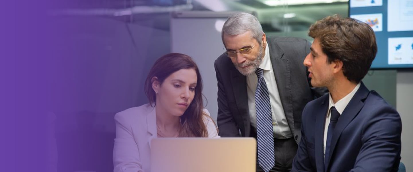 grupo de sócios analisando computador